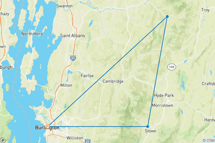 Kaart van 5-daagse fietstocht langs de Rail Trails in Vermont