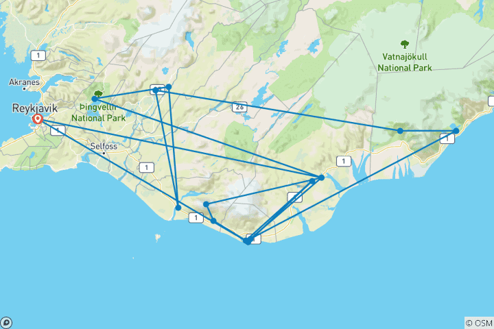 Map of Hosted by Melani - 5 Days In Iceland: Northern Lights, Ice Cave, Golden Circle, South Coast and Jökulsárlón