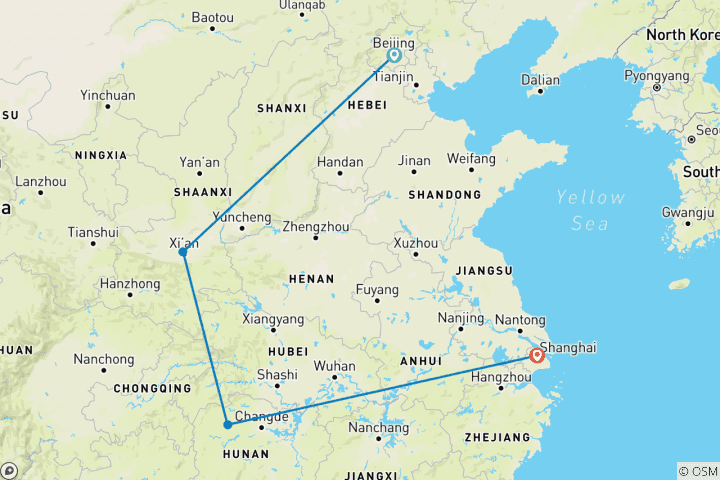 Mapa de Tour privado a medida de 11 días: Pekín, Xi'an, Zhangjiajie y Shanghái
