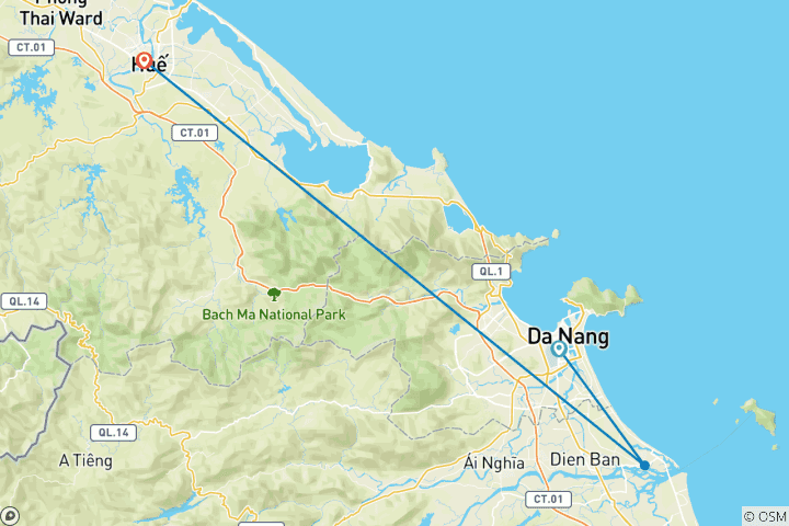 Kaart van Erfgoedroute door Centraal-Vietnam: 6-daagse tocht naar de oude stad Hoi An en het keizerlijke Hue