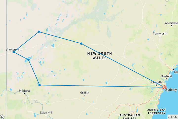 Carte du circuit Aventure dans l'Outback de Nouvelle-Galles du Sud (circuits en petits groupes)