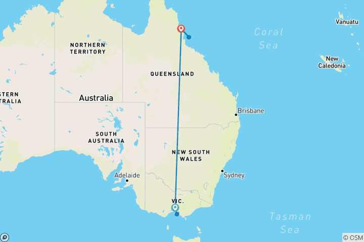 Kaart van Hoogtepunten van de reis van Melbourne naar Cairns