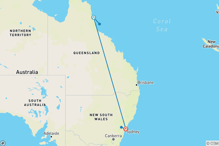 Carte du circuit Les incontournables du trajet de Cairns à Sydney