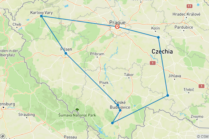 Mapa de República Checa – Tesoros de Bohemia (Retiro en balneario y tradición cervecera) – Circuito de 4 días