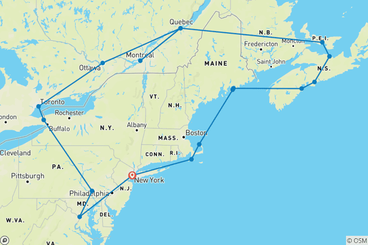 Map of Canada & USA Explorer: Autumn Foliage of the East Coast - Cruise & Land Journey