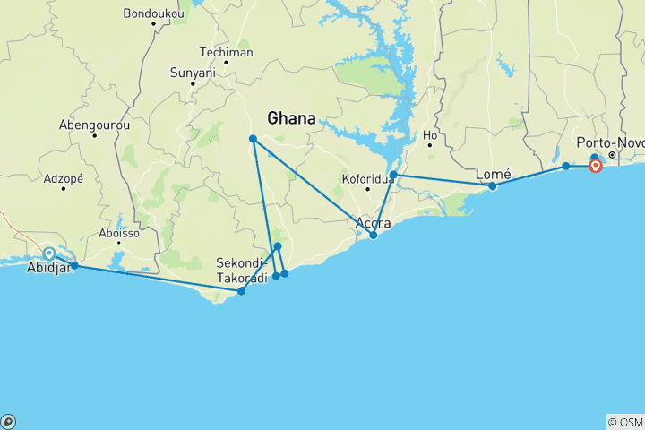 Map of Cultural Tour of Côte d'Ivoire, Ghana, Togo and Benin (14 Days/ 13 Nights)