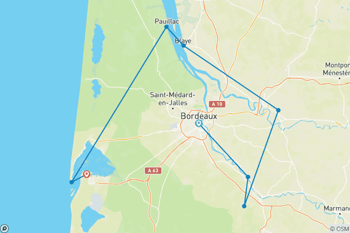Kaart van De Bordeauxstreek & de Atlantische Oceaan | Frankrijk | Fietstour met gids | Waar cultuur en culinaire hoogstandjes samenkomen