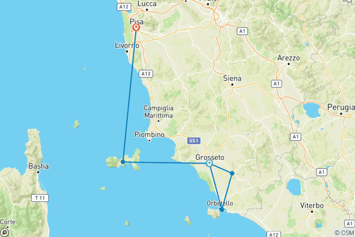 Mapa de Recorrido guiado en bicicleta eléctrica por la Toscana | Italia: Lo mejor del sur de la Toscana y la isla de Elba | 8 días