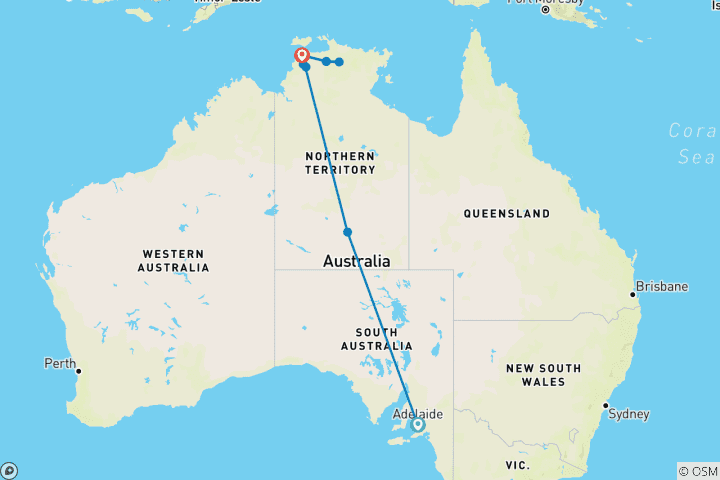 Mapa de 【The Ghan】11 días en Darwin con todo incluido y estancia en Kakadu