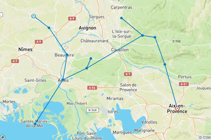 Carte du circuit Provence | France | Circuit guidé à vélo | Réservez une visite privée