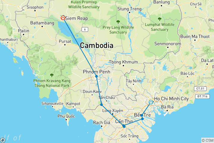 Kaart van De waterwegen van de Mekong & de tempels van Angkor: 8-daagse expeditie van Vietnam naar Cambodja