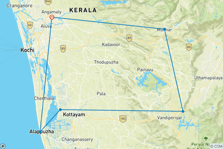 Karte von Das Beste von Indien: Kerala-Rundreise mit Hausboot – 7 Tage (Auswahl an 3★-, 4★- und 5★-Hotels)