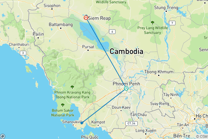 Kaart van Het beste van Cambodja: 7-daagse rondreis langs de hoofdstad, de kust bij Sihanoukville en de wonderen van Angkor