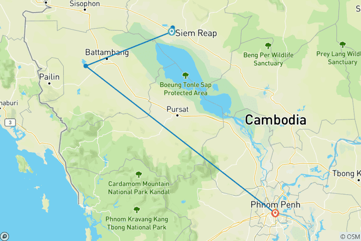 Karte von Die Schätze Kambodschas: 8-tägige Überlandtour von Angkor nach Phnom Penh