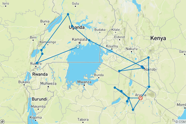 Karte von Uganda, Kenia und Tansania, 35 bis 45 (Camping)