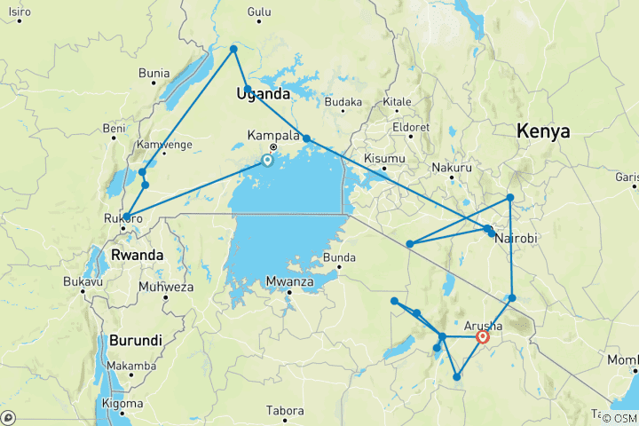 Map of Uganda, Kenya & Tanzania 35 to 45 (Chalet)