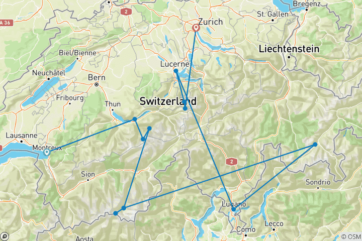 Carte du circuit La Suisse emblématique 2028 - 13 jours (from Montreux to Zurich)