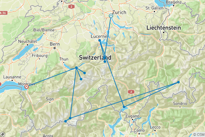 Map of Iconic Switzerland 2028 - 13 Days (from Zurich to Montreux)