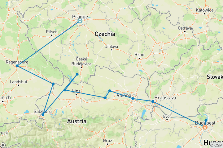 Kaart van De pareltjes van de Donau met Praag en Boedapest
