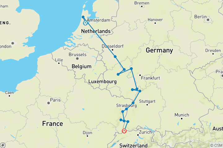Map of Rhine Highlights 2028 - 8 Days (from Amsterdam to Basel, 16 destinations)