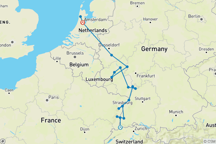 Karte von Rhein-Highlights 2028 – 8 Tage (von Basel nach Amsterdam)