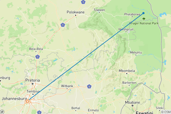 Map of 3-Day Kruger Safari With Panorama Route from Johannesburg