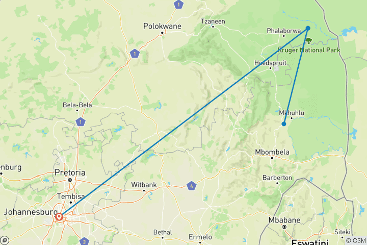 Map of 5-Day Kruger Safari from Johannesburg