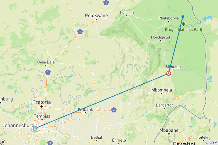 Map of 6-Day Kruger National Park Panorama route from Johannesburg