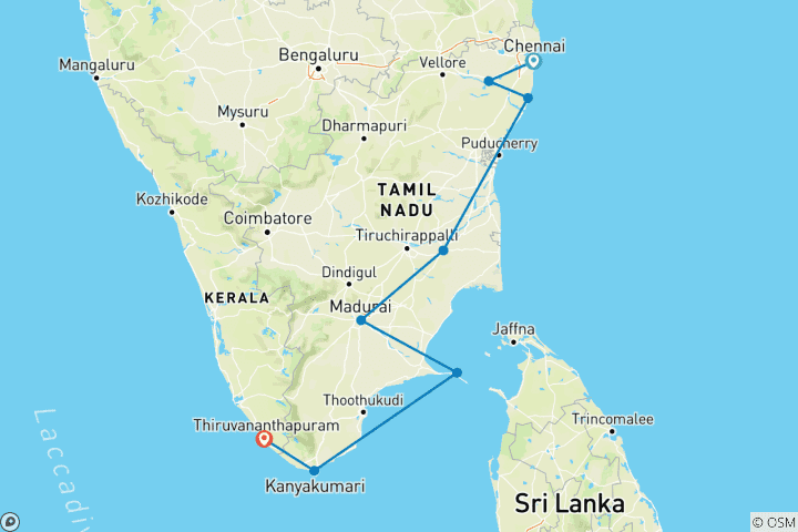 Karte von Tempelrundreise durch Südindien – Tamil Nadu & Kerala, 12 Tage (Auswahl an 3★-, 4★- und 5★-Hotels)