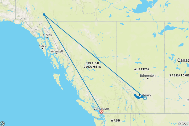 Carte du circuit Aventure « Aurora » : l'hiver dans les Rocheuses canadiennes et au Yukon (de Calgary, en Alberta, à Vancouver, en Colombie-Britannique) (2027)