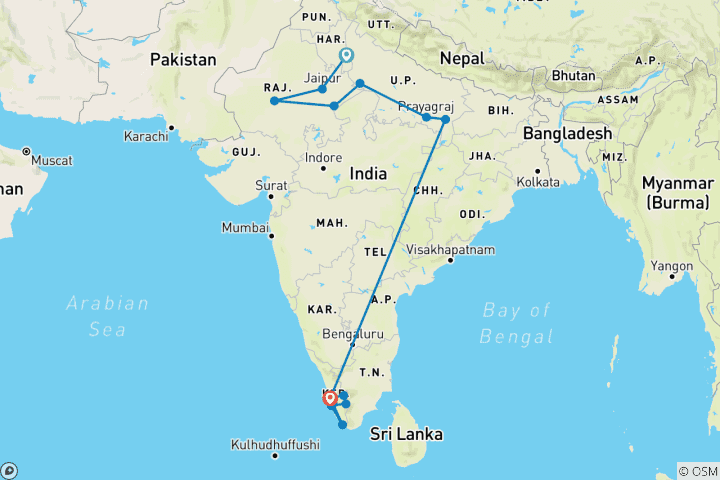 Karte von 25-tägige „Incredible India“-Tour: Tierwelt, Goldenes Dreieck, Varanasi und Kerala mit Hausboot (Auswahl an 3★-, 4★- und 5★-Hotels)