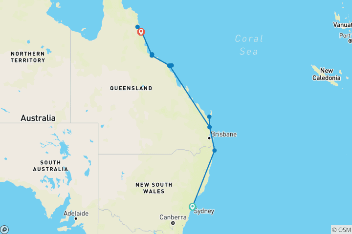 Kaart van Van Sydney naar Cairns (geen afvaart vanaf april '27)
