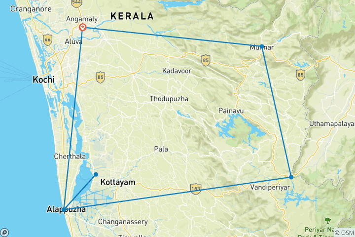Karte von 5-tägige Kerala-Entdeckungsreise: Tierwelt, Teeplantagen und Hausboot (Auswahl an 3★-, 4★- und 5★-Hotels)