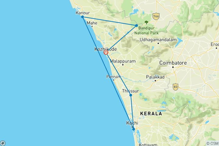 Karte von 13-tägiges Abenteuer in Kerala: Tierwelt und Backwaters (Auswahl an 3★-, 4★- und 5★-Hotels)