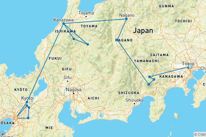 Karte von 9 Tage „Japan Classics“ All-Inclusive (privater deutschsprachiger Reiseleiter und Fahrer) – individuell anpassbare Familienreise