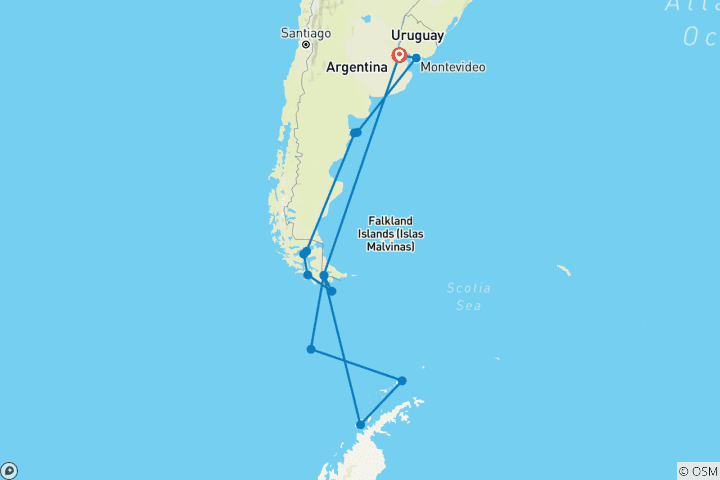 Karte von Die ultimative Reise in die Antarktis und zu den Fjorden Südchiles 2026–2027