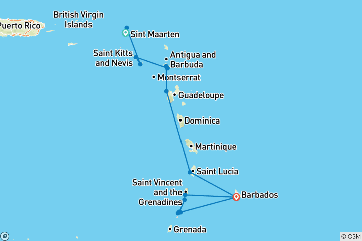 Map of Discover Eastern Caribbean & Grenadines 2026-2027 - 15 Days (from Marigot to Bridgetown)