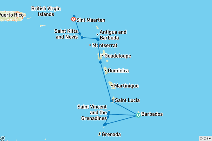 Carte du circuit Découvrez les Caraïbes orientales et les Grenadines 2026-2027 - 15 jours (de Bridgetown à Marigot)