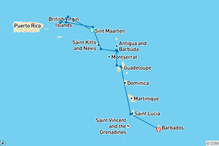 Map of Discover the Pearls of the Caribbean 2026-2027 - 15 Days