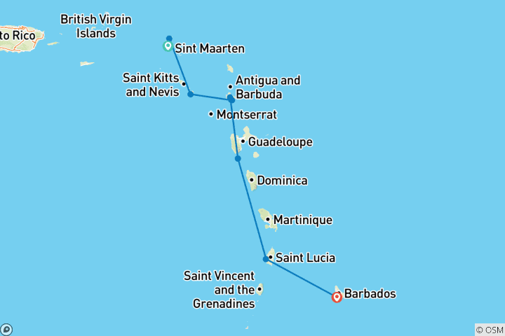 Carte du circuit Caraïbes orientales avec St. Barth 2026-2027 - 8 jours (including Iles des Saintes)