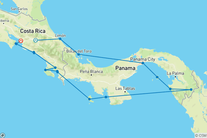 Map of Costa Rica, Panama from the Pacific to the Atlantic via the Panama Canal 2027-2028