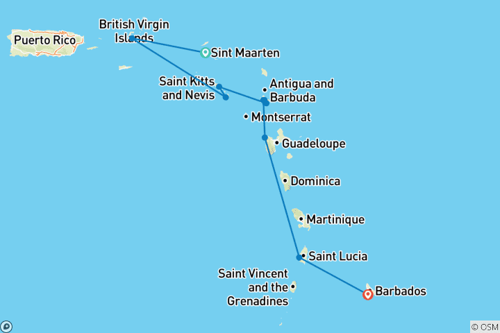Mapa de El Caribe Oriental con San Bartolomé 2026-2027 - 8 días (de Philipsburg a Bridgetown)