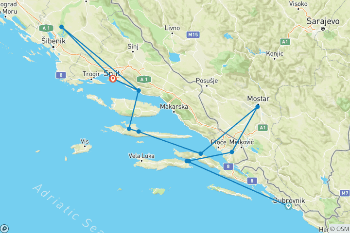 Carte du circuit Croisière sur la côte croate : De Dubrovnik à Split (Aurora) (13 destinations)