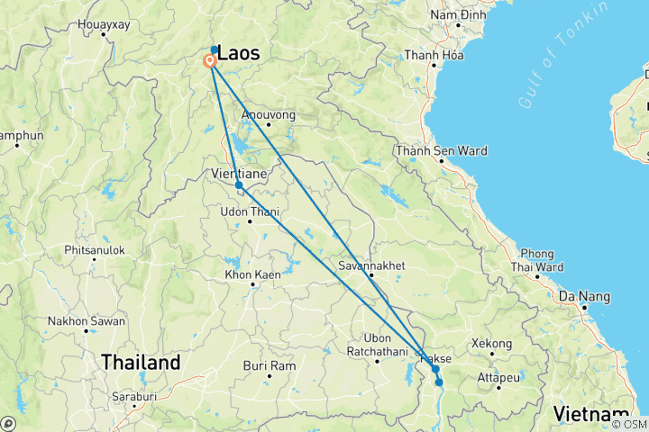 Kaart van Privé-rondreis door Laos: Vientiane, het Bolaven-plateau, de 4000 Eilanden en Luang Prabang – 10 dagen