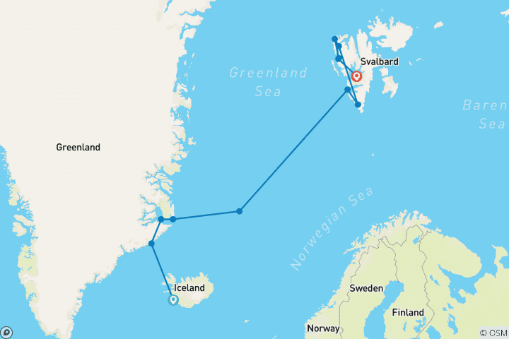 Kaart van Svalbard, Jan Mayen, Groenland en IJsland – M/V Ocean Albatros (omgekeerde route)