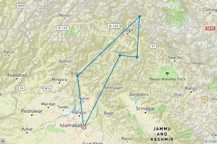 Kaart van 9-daags avontuur naar Hunza en Fairy Meadows via de Karakoram Highway
