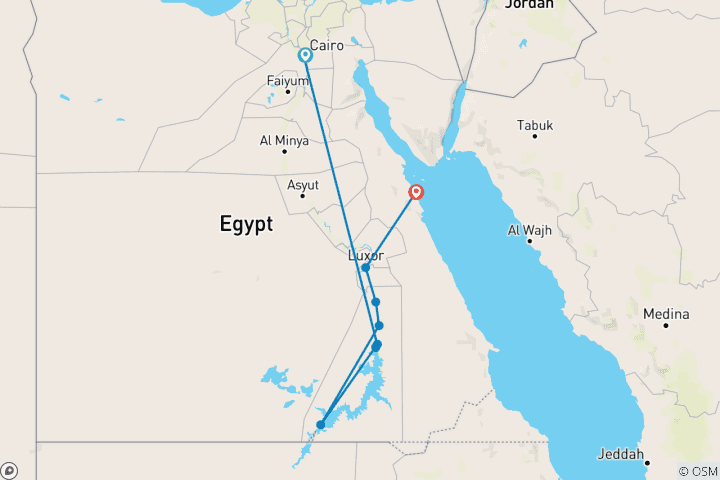Kaart van 9-daagse ‘Egypt Magic’: Piramides (GEM), de Nijl en de kusten van de Rode Zee – 5-sterrencruise