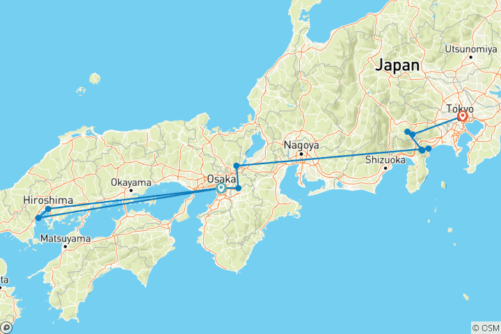 Kaart van 10 dagen genieten van Japan met Hiroshima (privé-gids in het Duits, geen groep) Familievakantie op maat