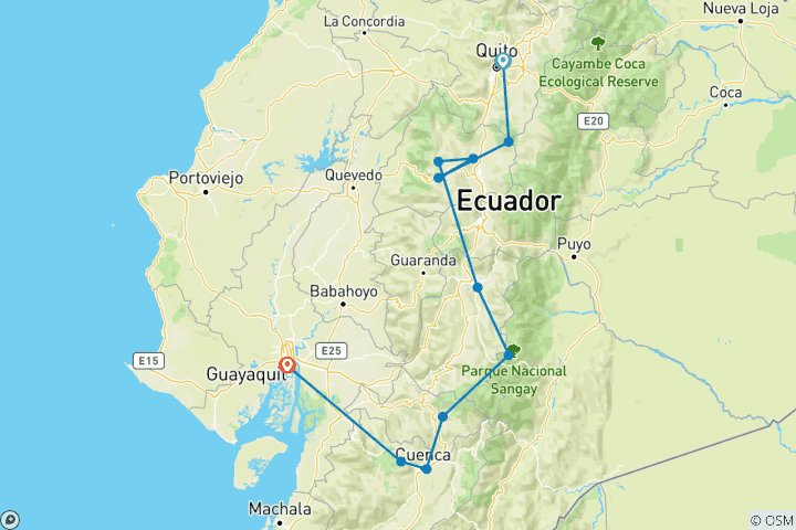 Kaart van Hoogtepunten van het vasteland van Ecuador – 8 dagen