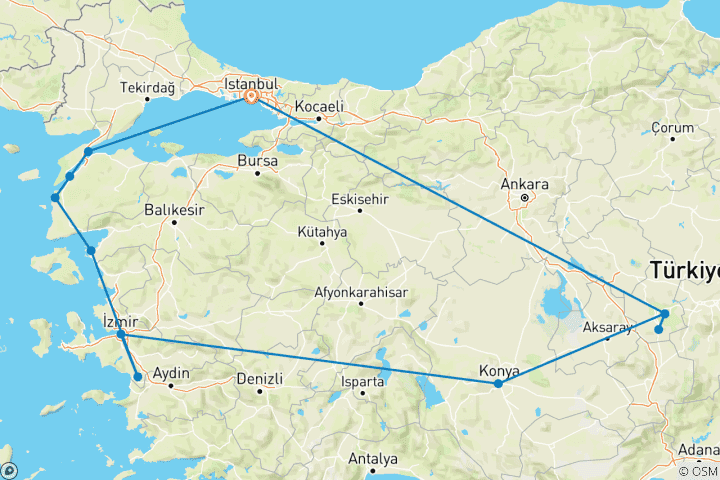 Map of Highlights of Turkey with Istanbul City Stay